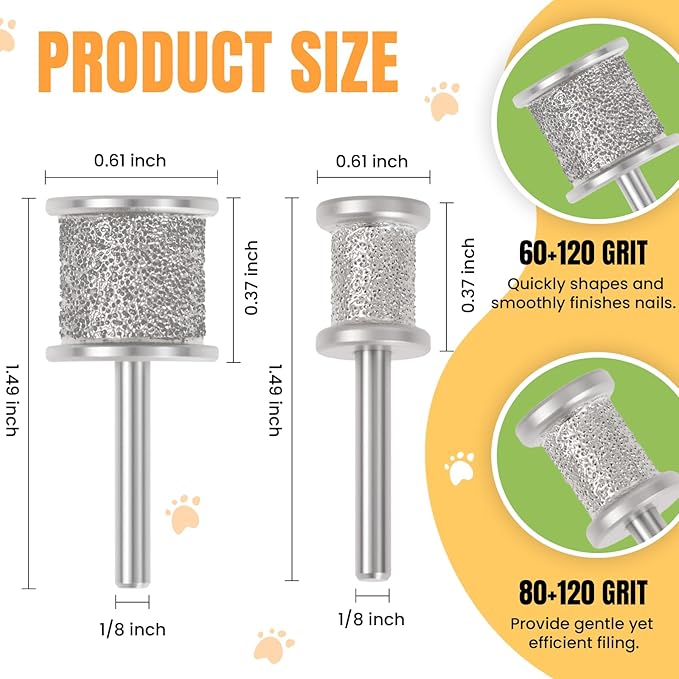 CAELUM 2Pack Diamond-Coated Pet Nail Grinder Bits, Dual Grit for Large & Small Dogs, 1/8” Shank for Dremel Nail Tools, Low Noise, Durable Nail Trimmer for Dogs, Top & Side Grinding-PawvioPets