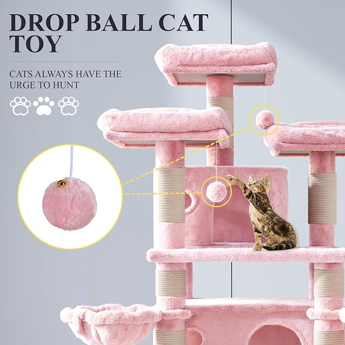 Allewie 68 Inches Cat Tree/House and Towers for Big Feline/Scratching Post/Multi-Level Large Kitty Climbing Tree with Condo/Pink-PawvioPets