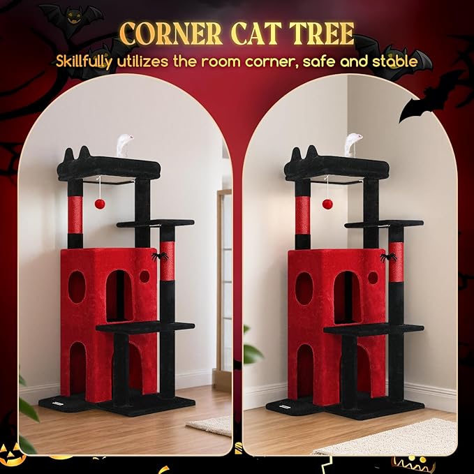 Globlazer Gothic Cat Tree Tower for Indoor Cats, 50-inch Goth Adult Cat Tree House for Large Adult Cats with Steps, Scratching Post, 2 Cat Caves, Dangling Toys, FC50, Blood-Goth-PawvioPets