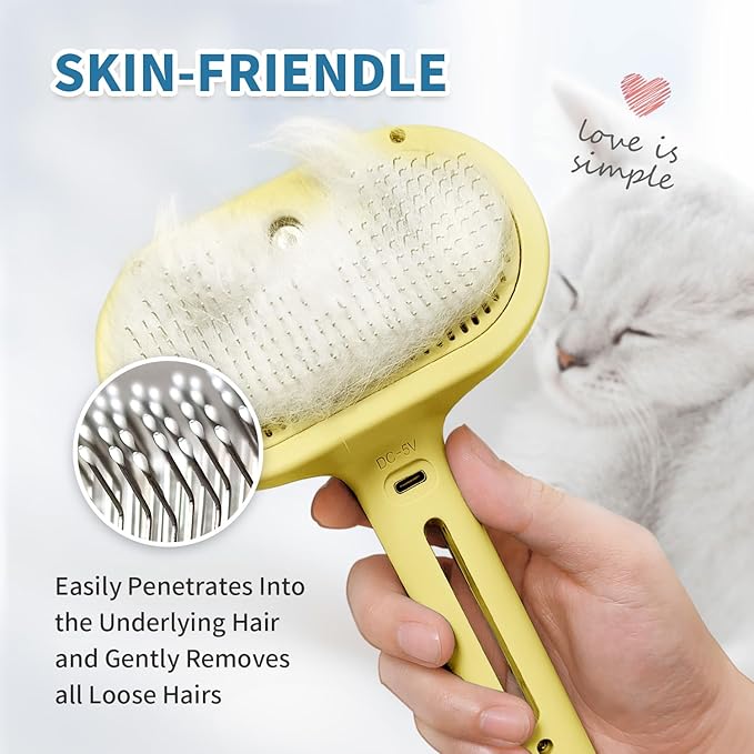 3 In 1 Self-Cleaning Steamy Brush for Pet Grooming - Anti-Static Flying Hair Spray, Removes Loose Hair and Reduces Shedding for Long and Short Fur, Yellow-PawvioPets