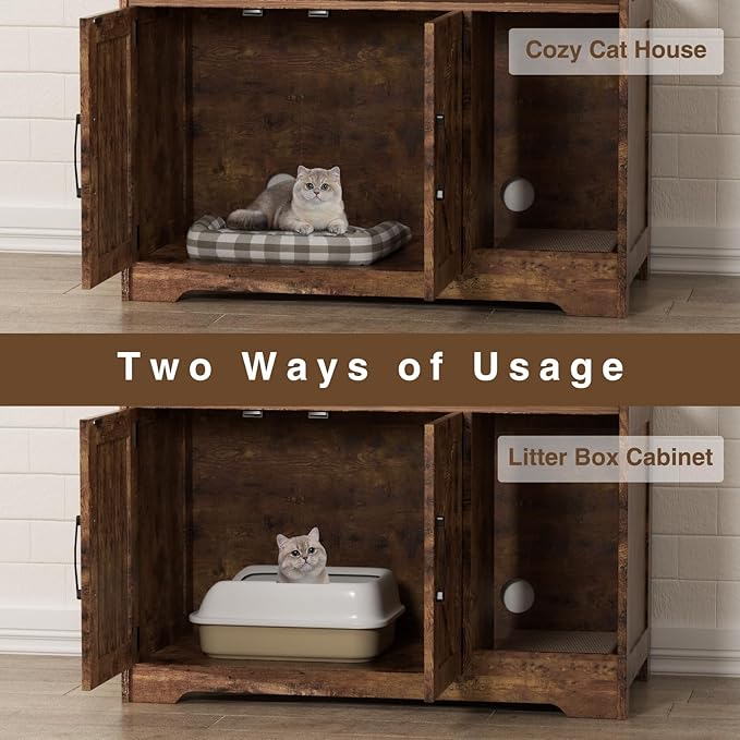 Cat Litter Box Enclosure, Hidden Litter Box Furniture with Scratch Pad, Farmhouse Indoor Cat House Washroom End Table, Rustic Brown-PawvioPets