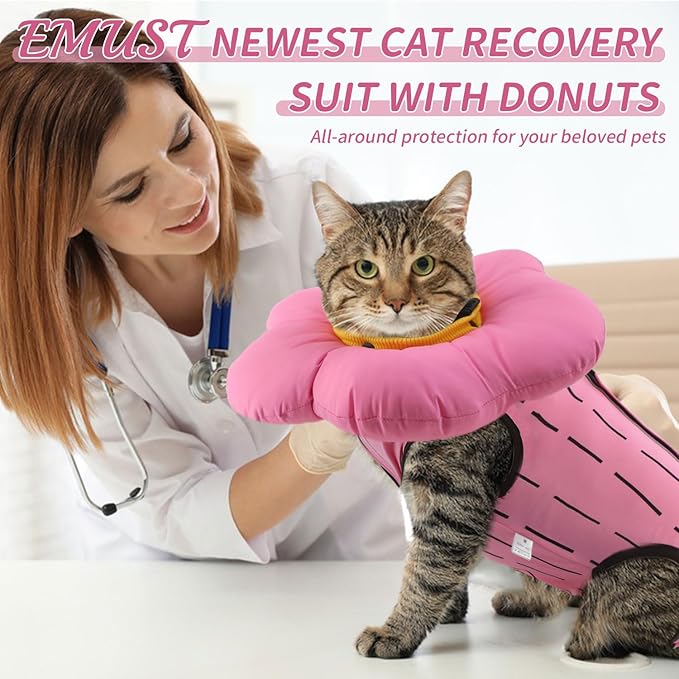 EMUST 2-in-1 Cat Recovery Suit & Cone Collar - Cute Surgical Suit for Abdominal Wounds, Adjustable Soft Flower Collar - Cat Onesie After Surgery, 4-8lb (Pink, M)-PawvioPets