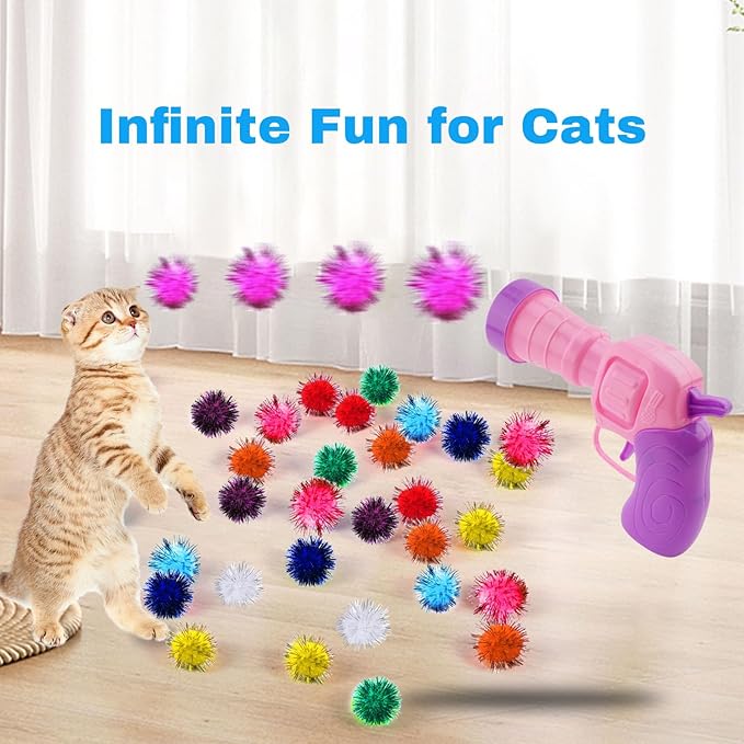 102Pcs Cat Toy Gun Launcher - 100 Sparkle Pom Pom Balls and 2 Ball Launchers, Interactive Fetch Toy Shooter for Indoor Cats and Kitty-PawvioPets