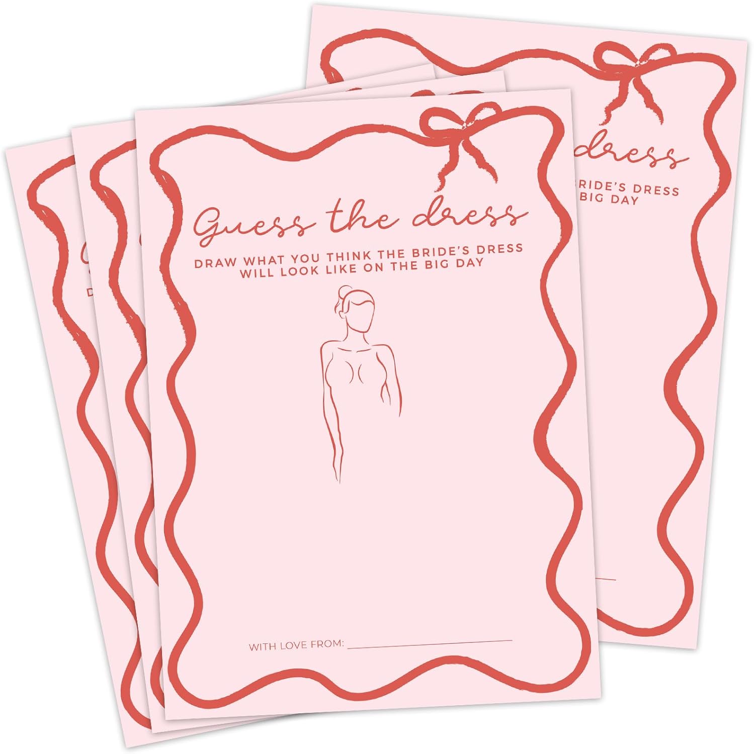 DEEKA 30 PCS Bridal Shower Games Card for 30 Guests Pink Wavy Border Ribbon Bow Funny Wedding Bachelorette Party Games for Reception (Guess The Dress)