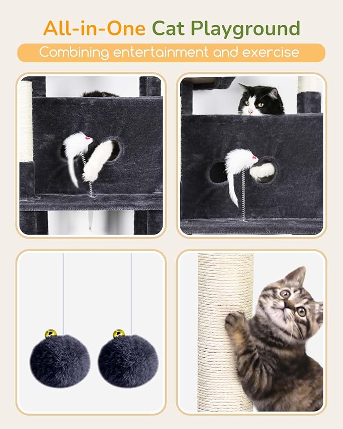 Globlazer Large Cat Tree Tower Condo, 80in Tall Cat Tree for Multiple Indoor Cats Large Adult, XXL Big Cat Climbing Tower with Cat Caves, Sisal Scratching Posts, Top Perches, Hammock, S80B, Dark Gray-PawvioPets