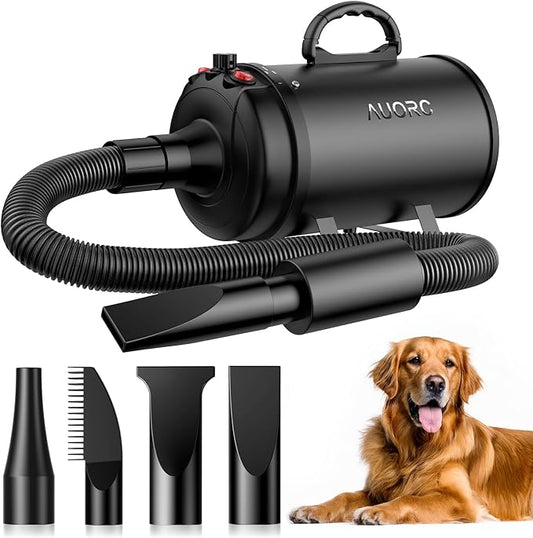 Dog Dryer, 5.2HP/3800W High Velocity Dog Hair Dryer with 4 Nozzles, Stepless Adjustable Speed & Temperature Control, Low Noise Professional Dog Grooming Dryer (Black)-PawvioPets