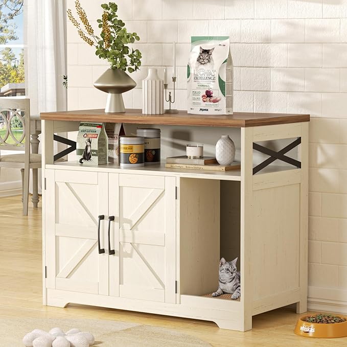 Cat Litter Box Enclosure, Hidden Litter Box Furniture with Scratch Pad, Farmhouse Indoor Cat House Washroom End Table, White-PawvioPets