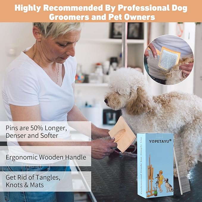 Dog Slicker Brush for Shedding and Grooming Medium or Long Haired Cats, Extra Long & Soft Pin Slicker Brush for Removes Loose Hair, Tangles, Knots, Undercoat, Free Pet Comb, Large, Oak-PawvioPets