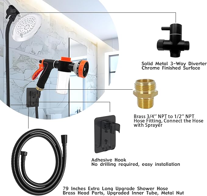 Dog Washing Hose Attachment for Pet Bathing with Black Shower Diverter, Pup Dog Wash Hose Nozzle Shampoo Sprayer for Indoor Outdoor Pet Shower, Dog Shower Attachment with Dog Brush-PawvioPets