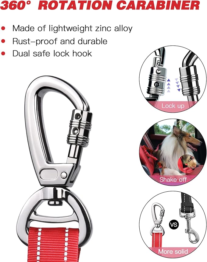 AUBELL Dog Seat Belt for Car,Updated 3-in-1 Adjustable Reflective Bungee Heavy Duty Dog Car Harness Tether with Clip Hook Latch & Buckle,Swivel Zinc Alloy Carabiner,Red-PawvioPets