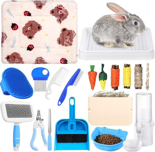 19 Pcs Rabbit Starter Kit Small Bunny Litter Box Animal Grooming Kit Water Bottle Bunny Toys Hay Feeder Bowl Blankets with Cleaning Set for Guinea Pig Rabbit Accessories (White)-PawvioPets