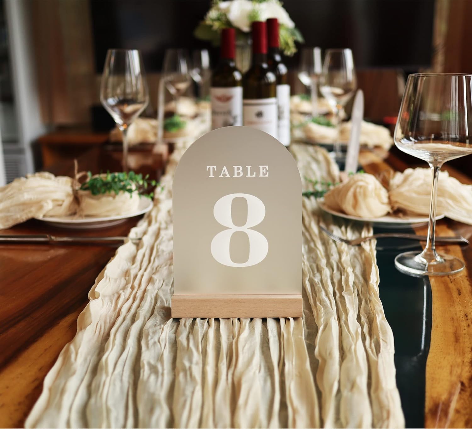 Wedding Table Numbers 1-15, Acrylic Arch Signs with Natural Wood Stands Holders, Rustic Table Decor for Reception & Parties (Frosted White)