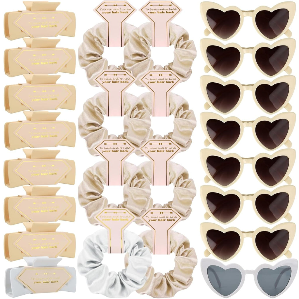 Bridesmaid Scrunchies Proposal Gifts Bachelorette Hair Claws Clips Girls heart sunglasses for Wedding Party Favors (White&Beige)