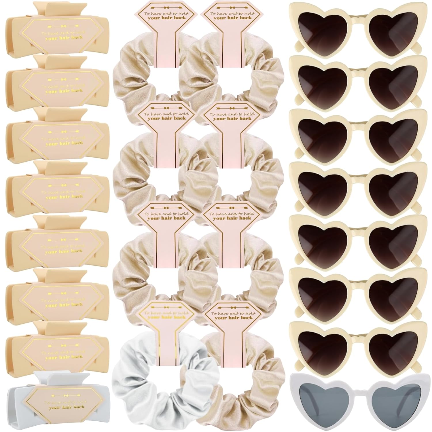 Bridesmaid Scrunchies Proposal Gifts Bachelorette Hair Claws Clips Girls heart sunglasses for Wedding Party Favors (White&Beige)
