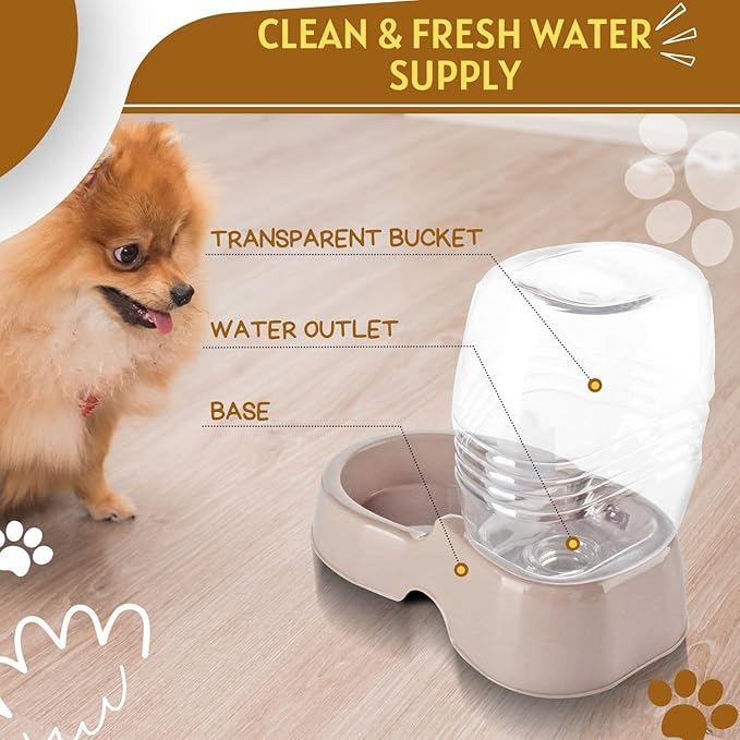 Flexzion Automatic Gravity Pet Waterer for Cat & Dog - Non-Skid & Easy-Clean Auto Replenish Water Dispenser Drinking Bowl (1/4 Gallon/ 900ml), Beige-PawvioPets