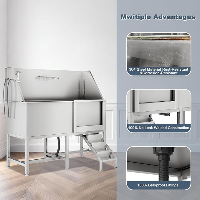 50" Pet Dog Bathing Station, Stainless Steel Dog Bathtub W/Ramp, Floor Grate, Dog Bath Brush, Washing Gloves for Home, Professional Dog Washing Station for Pets (50 Inch Right Door)-PawvioPets