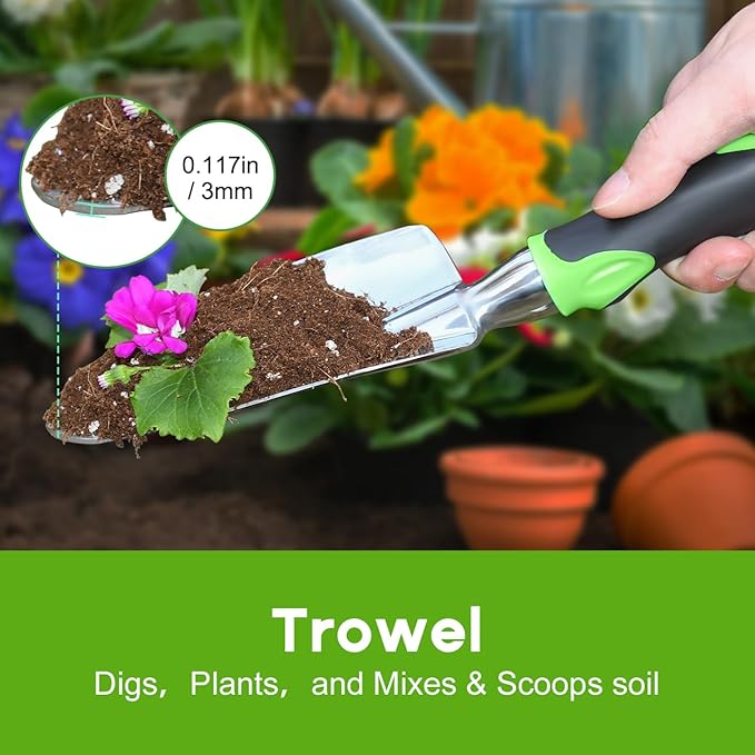 Garden Tool Set, 3 Pack Aluminum Heavy Duty Gardening Kit Includes Hand Trowel, Transplant Trowel and Cultivator Hand Rake with Soft Rubberized Non-Slip Ergonomic Handle, Garden Gifts-PawvioPets