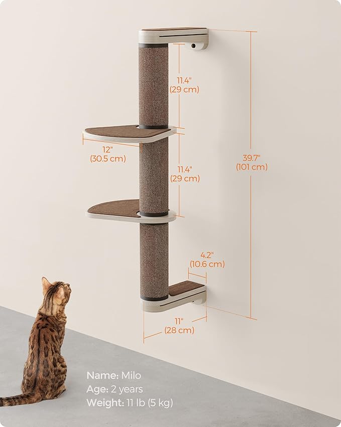 Feandrea Clickat Collection - No.006 Cat Tree Scratching Post, 39.7-Inch Tall Thicker Wall Mounted Cat Scratcher Posts, 2 Cats Perch Platform, Easy Assembly, Suit for Multi Cats Climb Play Nap Scratch-PawvioPets