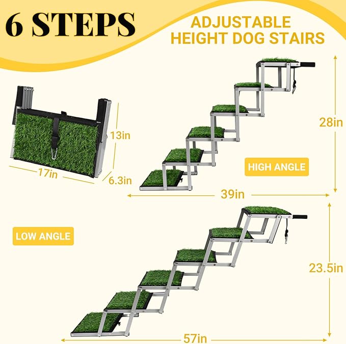Dog Stairs for Car, Portable Folding Dog Ramps,Dog Steps for Large Dogs with Non-Slip Grass Rug for Cars, SUV, Trucks, Lightweight Pet Ramp Supports Up to 200 lb, 6 Steps-PawvioPets