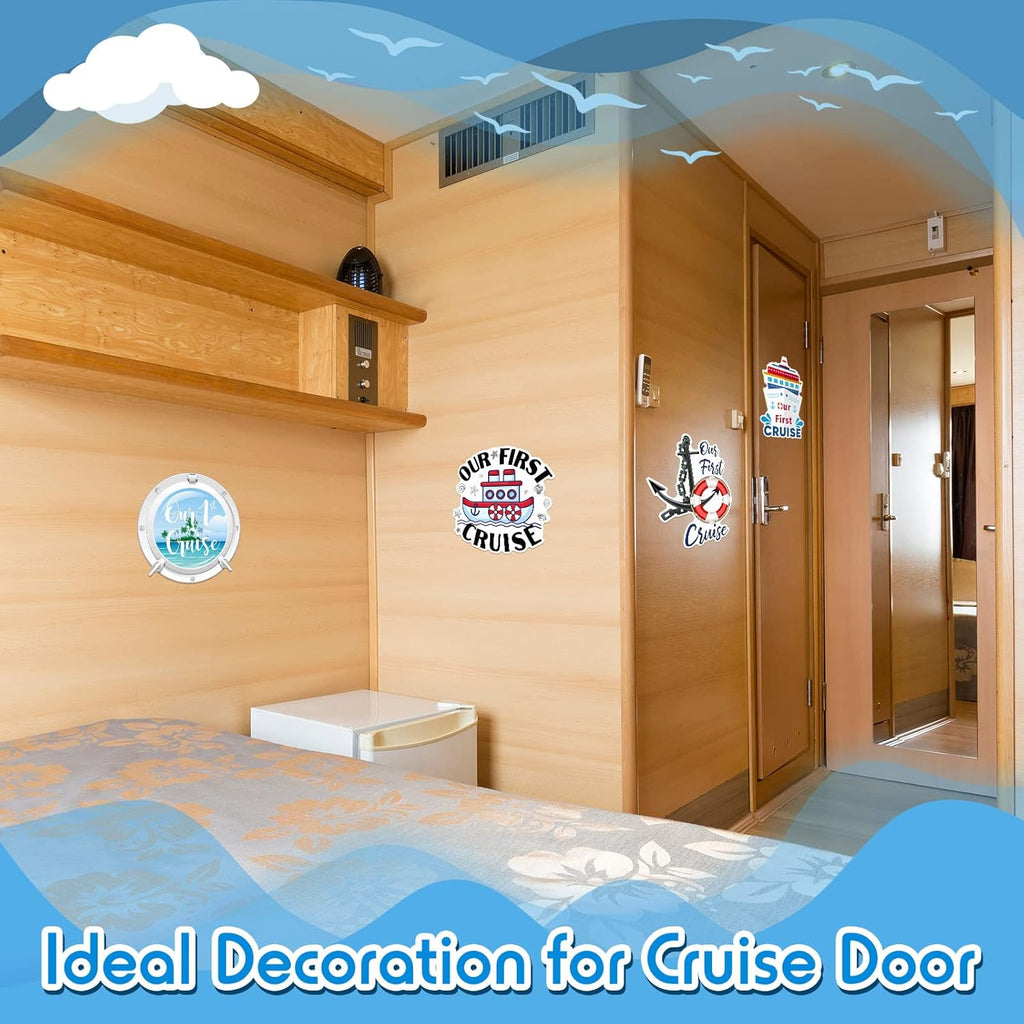 Hoteam 4 Pcs Our First Cruise Door Decorations Magnetic Large First Cruise Ship Door Magnets Funny Waterproof Nautical Magnets for Carnival Cabin Stateroom Fridge Car