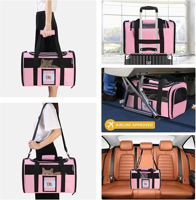 Cat Carriers Soft Side Carrier for Kitten Puppy Collapsible Travel Pet Carrier TSA Airline Approved Cat Carrier Bag for Under 15 lbs Pets, Pink-PawvioPets
