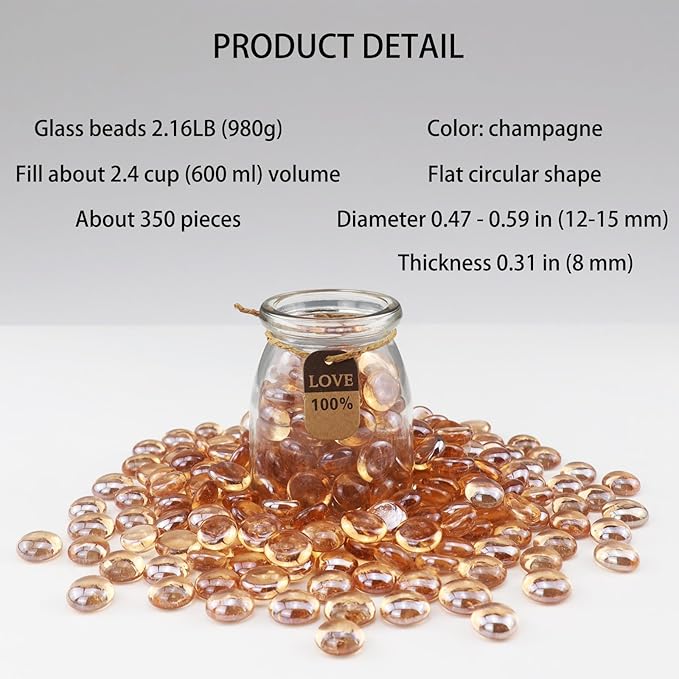 2.16LB Glass Beads Vase Filler Aquarium Gravel Decor Flat Glass Marbles Gems Pebbles Fish Tank Rocks Home Decorative Art Craft - Champagne-PawvioPets