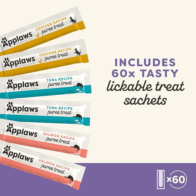 Applaws Lickable Cat Treats, Natural Grain-Free Purée, Limited Ingredient, Variety of Chicken, Tuna, & Salmon Squeeze Up Cat Treats (60 x 0.5 oz Sachets)-PawvioPets
