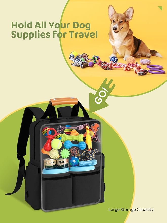Dog Travel Bag, 25L Airline Approved Dog Travel Backpack for Pet Travel Accessories with 2 Food Storage Containers, 2 Foldable Bowls for Short Trips, Black-PawvioPets