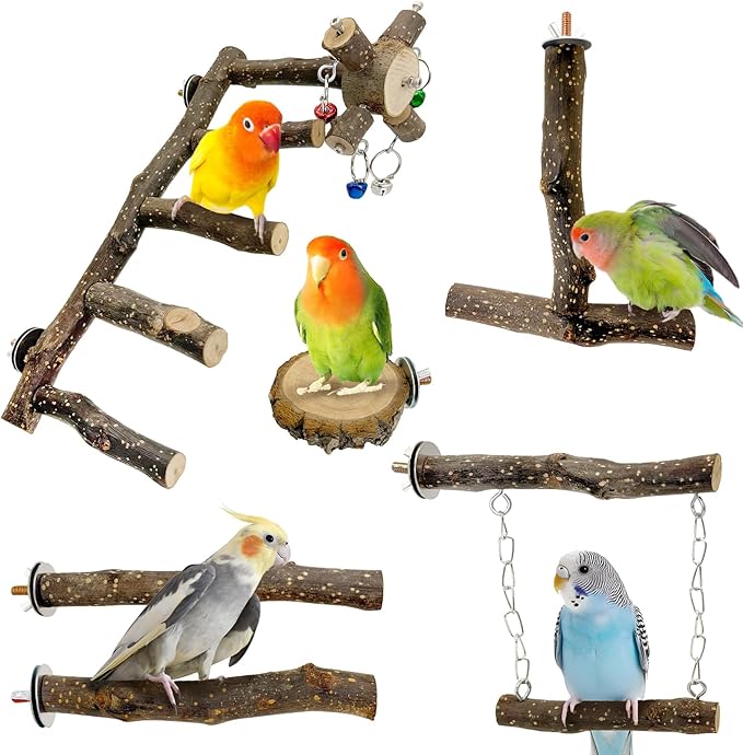 BNOSDM Natural Wood Bird Ladder Perch 6Pcs Parrot Stand Branches Climbing Chewing Stick Parakeet Swing Toys Cage Accessories Paw Grinding Fork Sets for Lovebirds Cockatiels Conure Budgies-PawvioPets