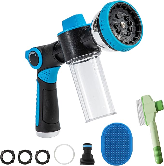 Dog Washing Hose Attachment, 10-in-1 Soap Sprayer Moden Garden Hose Nozzle with 100cc Soap Dispenser, Dog Wash Supplies with Dog Bath Brush & Pet Comb, Foam Gun Car Wash Sprayer (Blue)-PawvioPets