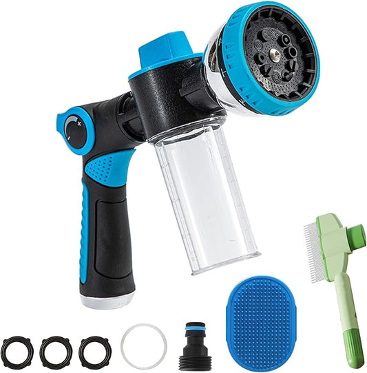 Dog Washing Hose Attachment, 10-in-1 Soap Sprayer Moden Garden Hose Nozzle with 100cc Soap Dispenser, Dog Wash Supplies with Dog Bath Brush & Pet Comb, Foam Gun Car Wash Sprayer (Blue)-PawvioPets