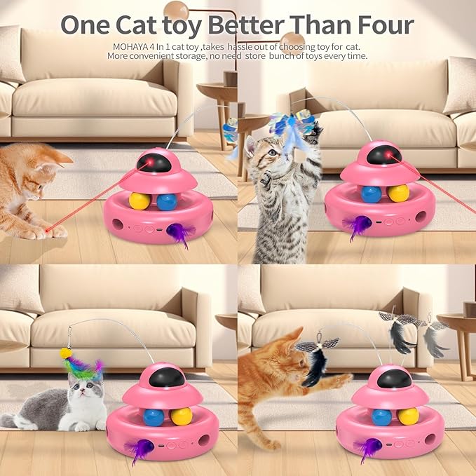 Automatic Cat Toys,4-in-1 InteractiveCat Toys for Bored Indoor Adult Cats, Electric Flying Butterfly,Rechargeable Moving Ambush Feather,Pink Kitter Toy Track Balls-PawvioPets