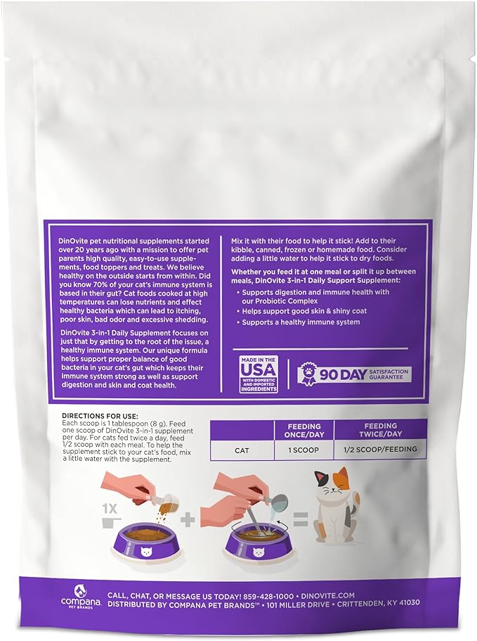 Dinovite for Cats Supplement - Immune + Digestive, Skin + Coat Support, Vitamins, Minerals, Omega 3, Enzymes, Probiotics. Reduces Shedding, Dry Skin, Itching, Stinking, Bald Spots, Seasonal Issues-PawvioPets