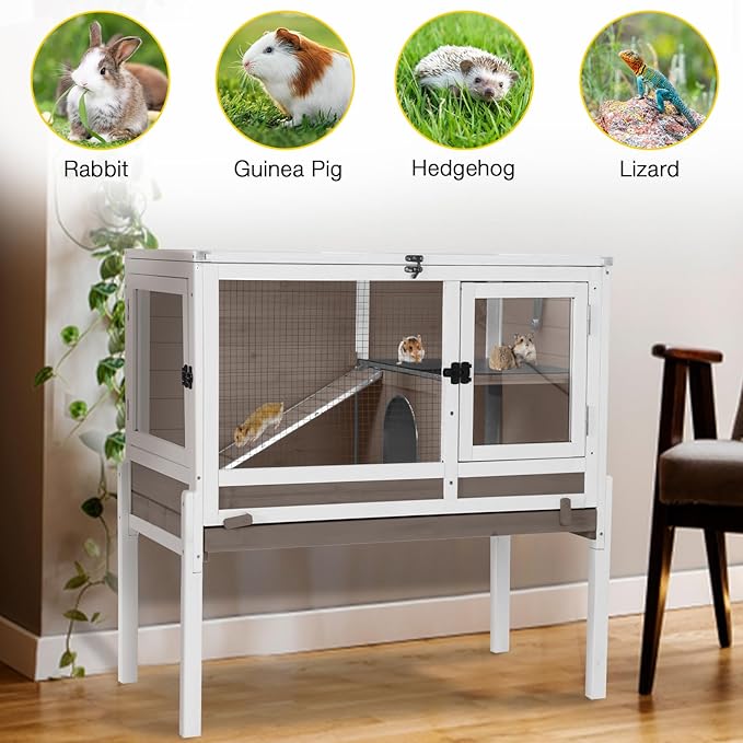 Aivituvin Wooden Guinea Pig Cages Indoor with Removable Stand, Anti Chewing Rabbit Hutch with Ramp and Wire Mesh, 2 Story Small Animals House Habitat with Pull Out Tray (Brown)-PawvioPets