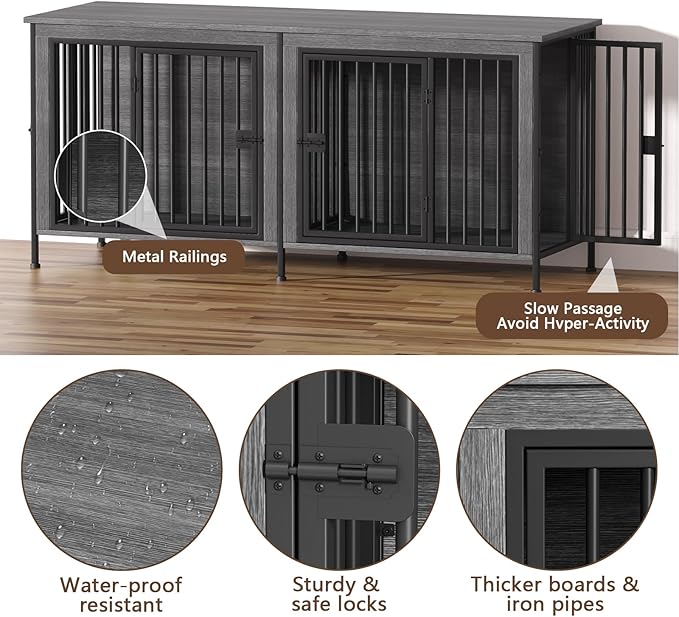 EasyCom 78 Inch Dog Cage Furniture for 2 Pets with Divider, XXL Wooden Double Dog Crate Furniture TV Stand for Mideum and Large Breed, Durable and Sturdy-PawvioPets