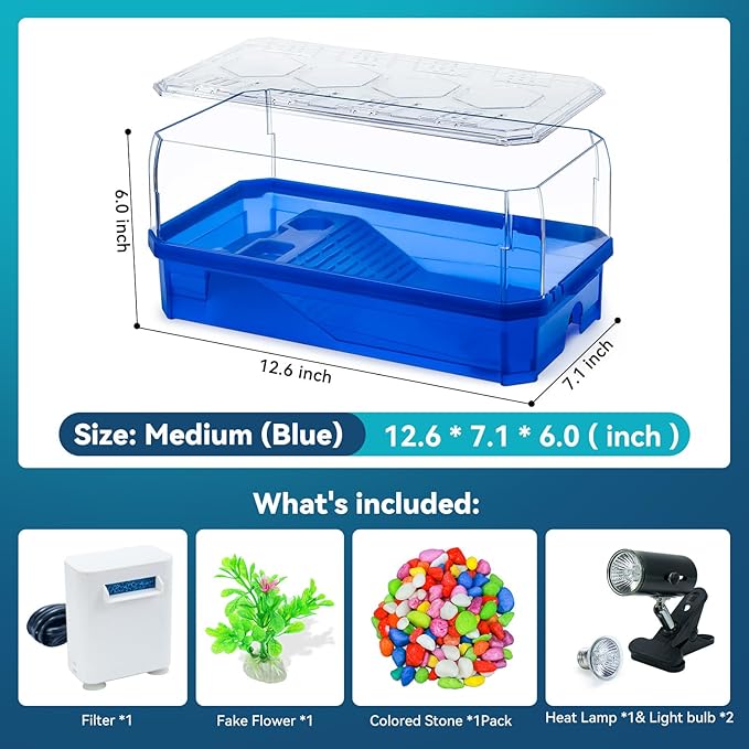 Aquatic Turtle Tank Habitat Kit Stone+Filter+Heat Lamp Enhancing Interaction with 360° Viewing, Standalone Filtration, DIY Creative Zone, Enriched Living (Blue, Medium[with Light])-PawvioPets