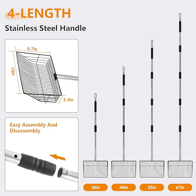 10inch Large Chicken Poop Scooper,36 to 67" Adjustable Long Chicken Coop Litter Metal Scoop with Stainless Steel Handle,5-in-1 Detachable Poop Shovel for Sand,Pet,Chicken,Cat Cleaning Tools.-PawvioPets