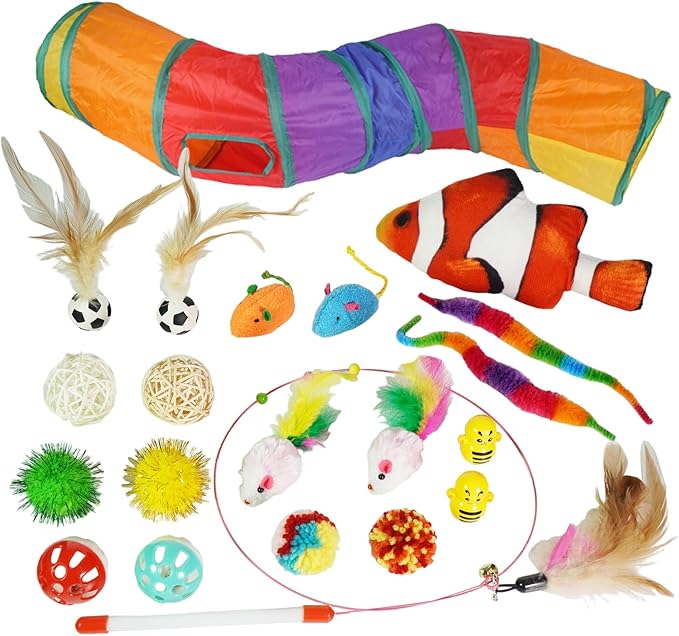 21-Piece Cat Toys Set, Interactive Tunnel, Balls, Mice, Feather Wands, Catnip Toys(Rainbow Cat Tunnel)-PawvioPets