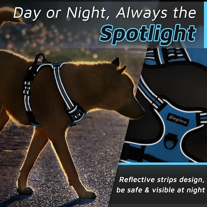 Eagloo Dog Harness Medium Sized Dog, No Pull Service Vest with Reflective Strips and Control Handle, Adjustable and Comfortable for Easy Walking, No Choke Pet Harness with 2 Metal Rings, Sky Blue, M-PawvioPets