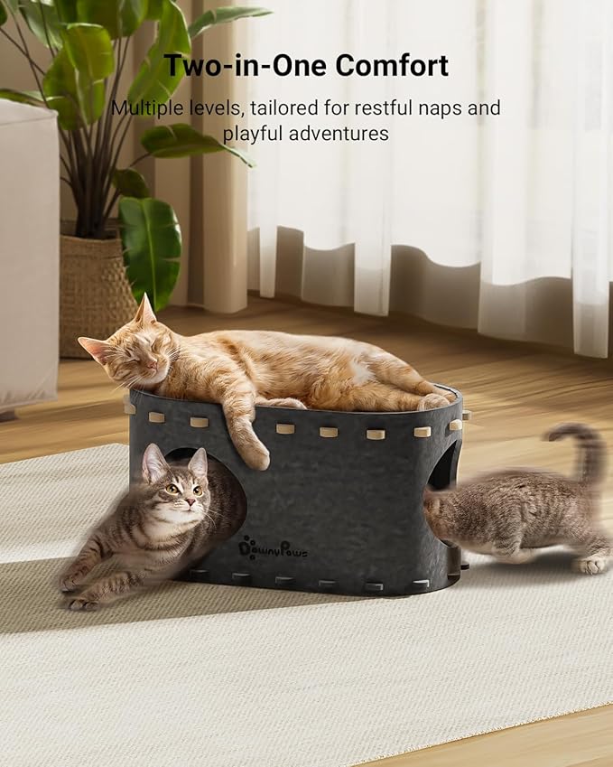 DownyPaws Cat House for Indoor Cats, Cat Bed Cave for Multiple & Large Cats Up to 22 Lbs, Scratch Resistant Peekaboo Cat Caves, Foldable Tunnel Enclosed Bed, PeekaPurr, Sesame Gray-PawvioPets
