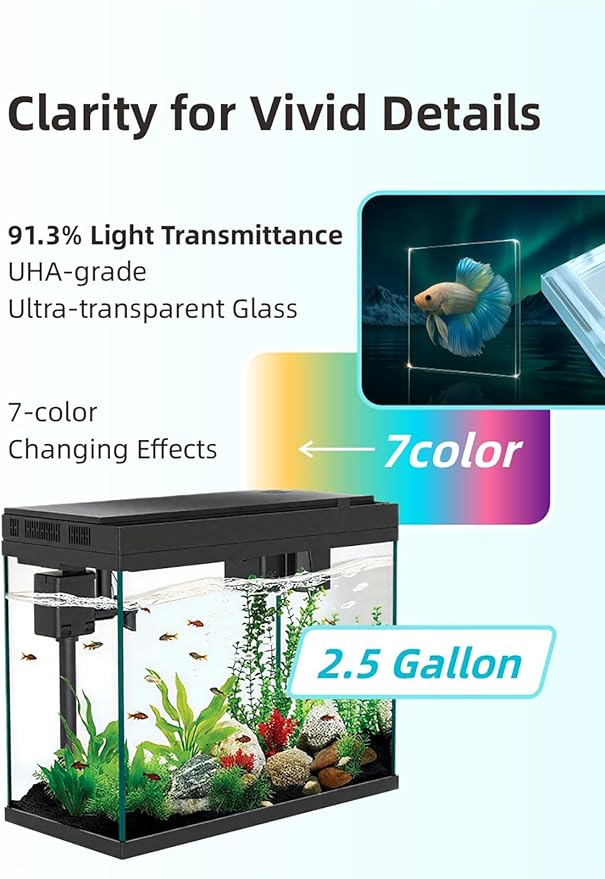BARKBUDDY Fish Tank 2.5 Gallon Aquarium Kit, Self Cleaning Fish Tank, 7-Color Light 3-in-1 Quiet Pump Betta Fish Tank, Gold Fish Aquarium Starter Kit with Filter for Home, Office Corner-PawvioPets