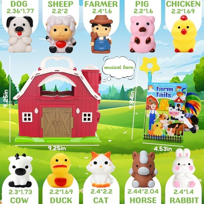 Big Musical Red Barn Toy Farm Animal Finger Puppets for 1 2 3 4 5 Years Old, Animal Figures Playset with Farm Tails Baby Book, Sensory Learning Toys Gift for Toddlers Boys Girls-PawvioPets