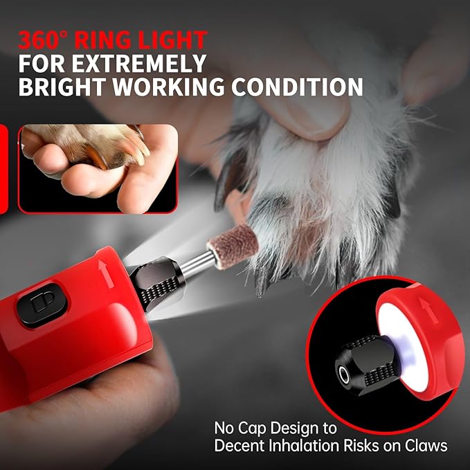 Dog Nail Grinder - Upgraded Pet Nail Grinder, Electric 5 Speeds LED Lights Ring Rechargeable Dog Nail Trimmers Kit, 40 Accessories Cordless Pet Nail Grinder for Dogs Cats and Small/Medium Animals Red-PawvioPets