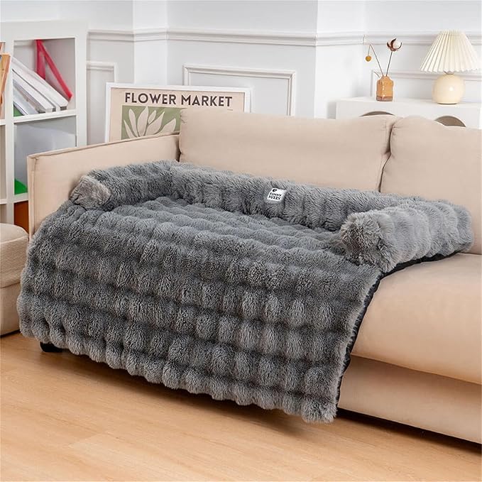 FUNNY FUZZY Pet Fluffy Plush Calming Dog Couch Bed Sofa Protector Washable Pets Mat for Large Medium Small Dogs and Cats (Grey,47.24 × 37.4 × 6.3 in)-PawvioPets