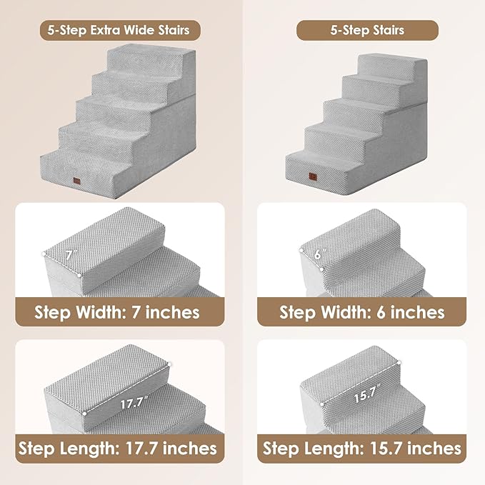 EHEYCIGA Dog Stairs for High Bed 25" H, 5-Step Extra Wide Dog Steps for Bed, Pet Steps for Small Dogs and Cats, Non-Slip Balanced Pet Ramp Indoor, Light Grey-PawvioPets