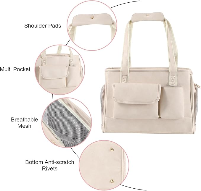Dog Carrier Purse, Fashion Leather Pet Carrier Bag, Airline Approved Soft Sided Cat Travel Tote Bag with Pockets White-PawvioPets