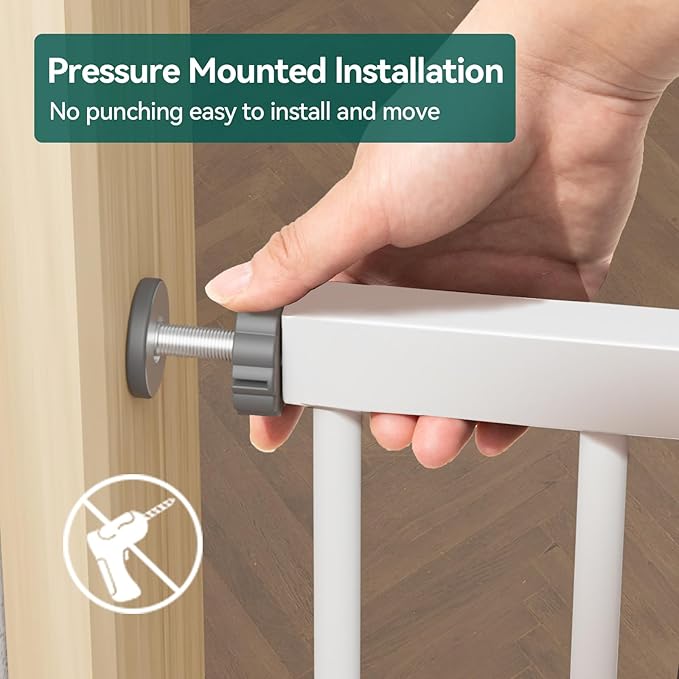 BABELIO 36" Tall Baby Gate, 29-55" Auto Close Pressure Mounted Dog Gate for Doorways & Hallway, Pressguard Basics Easy Walk Thru Pet Gate, Extra Wide Metal Child Gate, White-PawvioPets