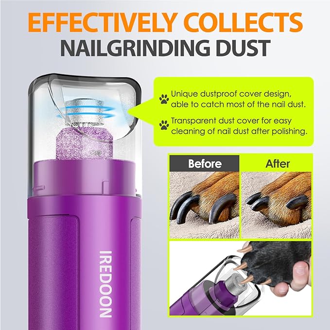 Dog Nail Grinder Upgraded - Professional 3-Speed Super Quiet and Low Vibration Electric Pet Nail Grinder with 4 LED Lights - Painless Paws Grooming & Smoothing for Small to Large Dogs (Purple)-PawvioPets