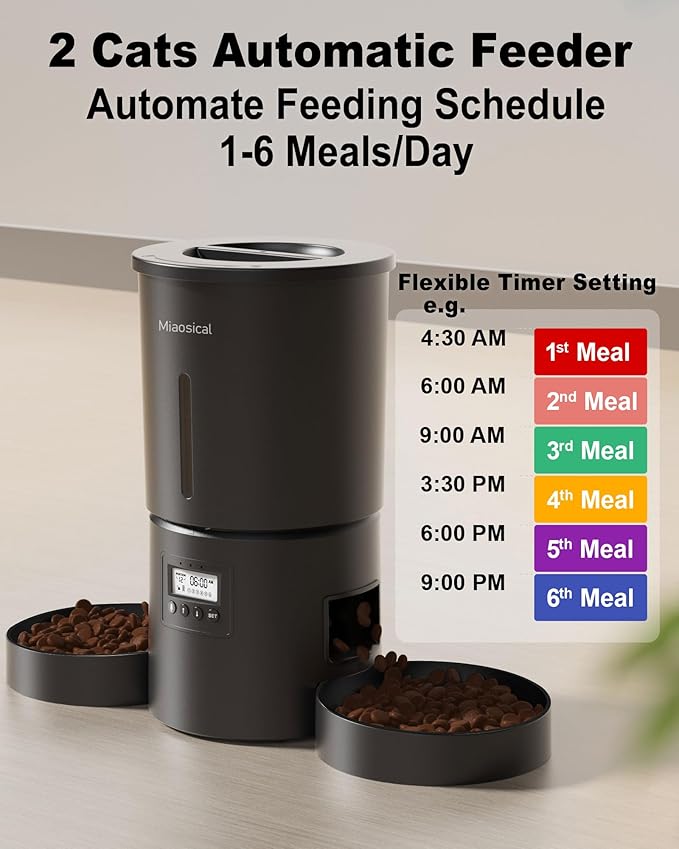 Dual Automatic Cat Feeder 2 Cats,6 Meals/Day,12 Portions/Meal,4.2L Dual Power Double Bowls Feeder,Dry Food Auto Pet Dispenser,10S Voice Record,Flexible Schedule Timer (Black,Basic Dual Bowls)-PawvioPets