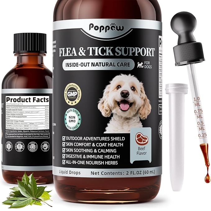 Dog Flea and Tick Support, Natural Herbal Flea & Tick Comfort for Dogs, Flea Liquid Drops Supplement for Dogs with Neem, Oregano, Pumpkin Seed Oil - Beef Flavor, 2 FL.Oz - All Breeds & Sizes-PawvioPets